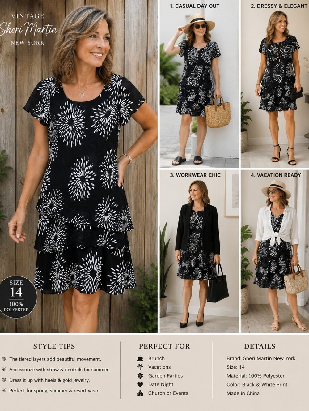 Vintage Sheri Martin New York Women's Size 14 Black White Floral Tiered Dress